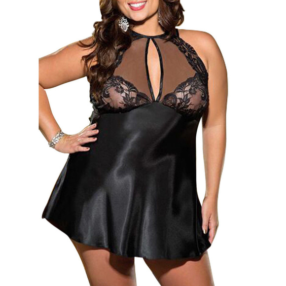 Other - Black Satin Lace Halter Babydoll Chemise Panty Set
